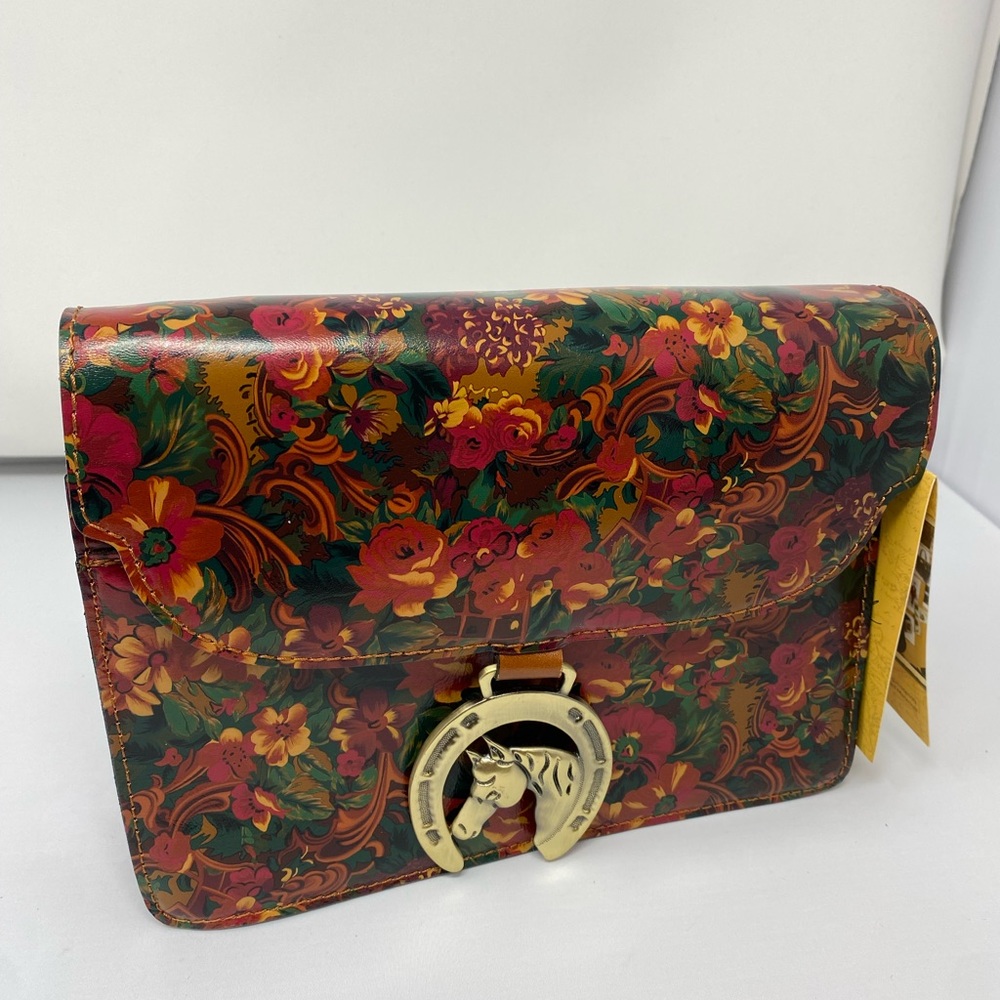 Patricia Nash Crossbody Leather Bag Rustic Nature Horshoe Buckle Floral
